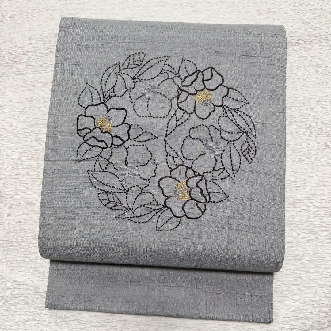 m-109 刺し子 刺繍　紬　花 名古屋帯 正絹