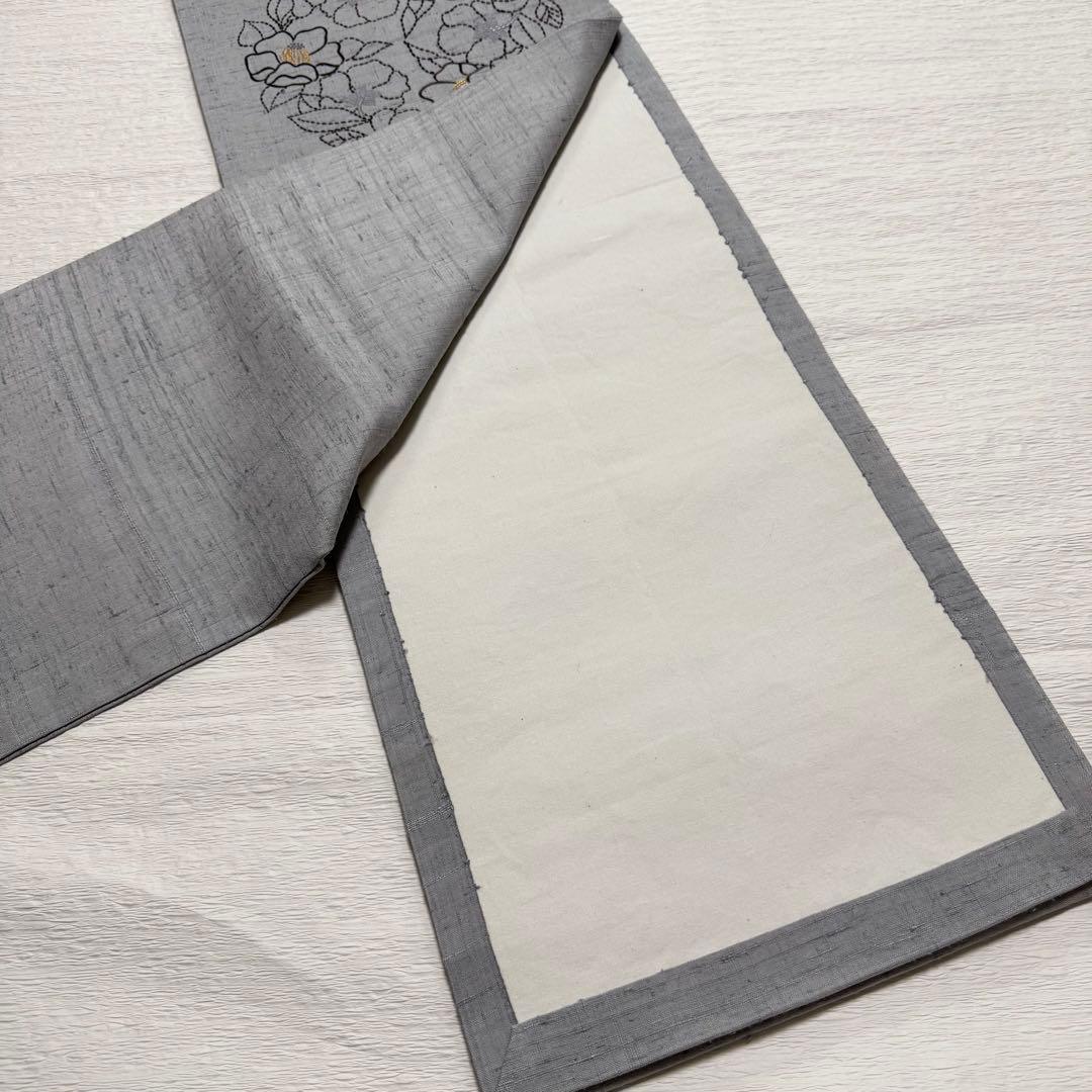 m-109 刺し子 刺繍　紬　花 名古屋帯 正絹