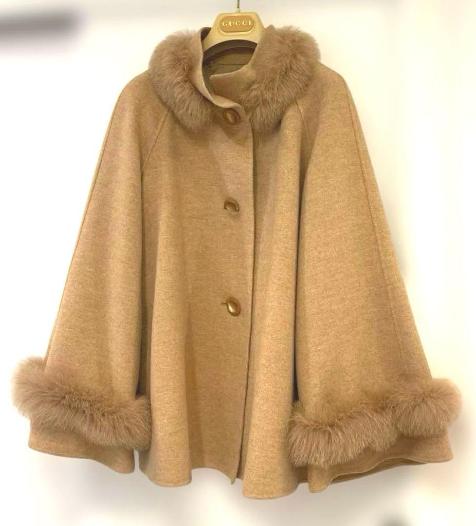 Leitian ロロピアーナ生地 ファー付きケープ風コート カラー　ベージュ