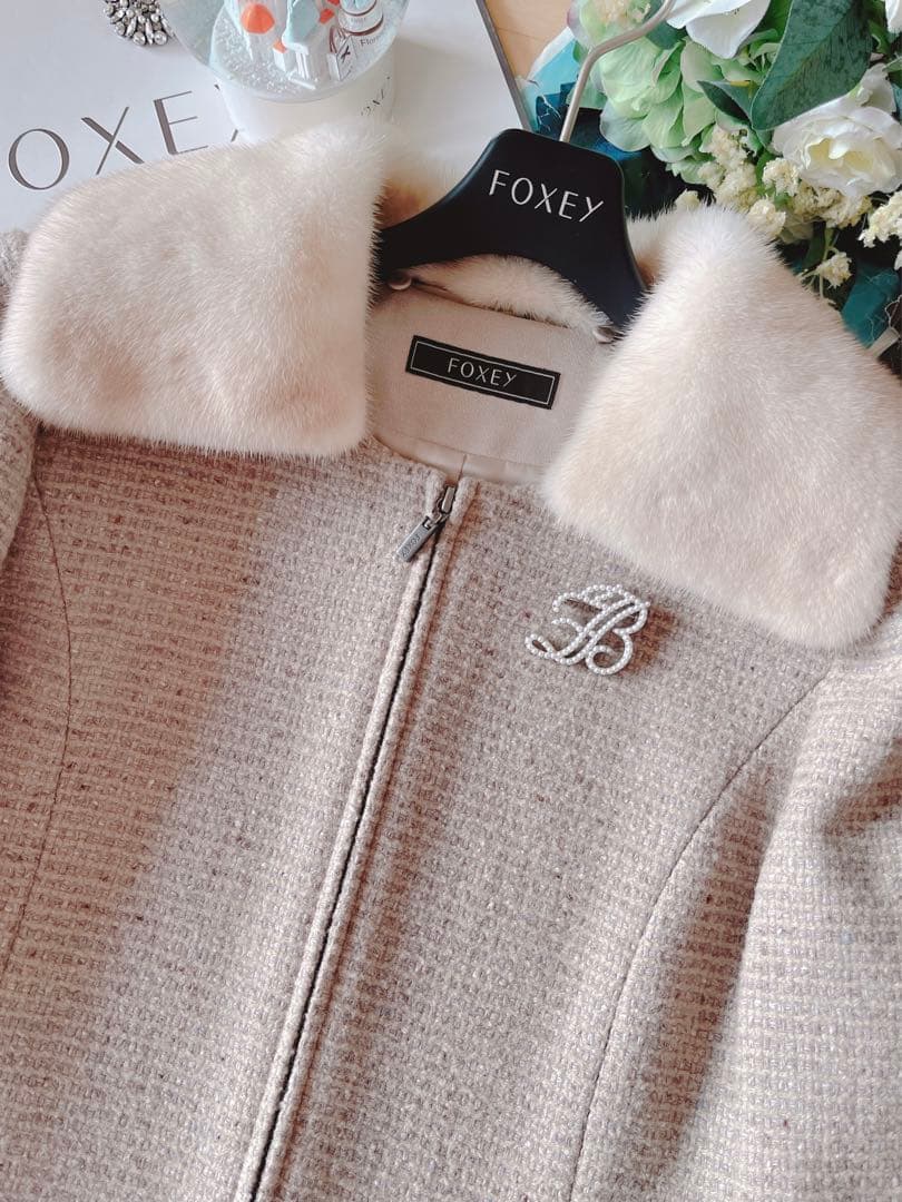 新品未使用！FOXEYミンク襟ツイードロングコート 40 Rene foxey