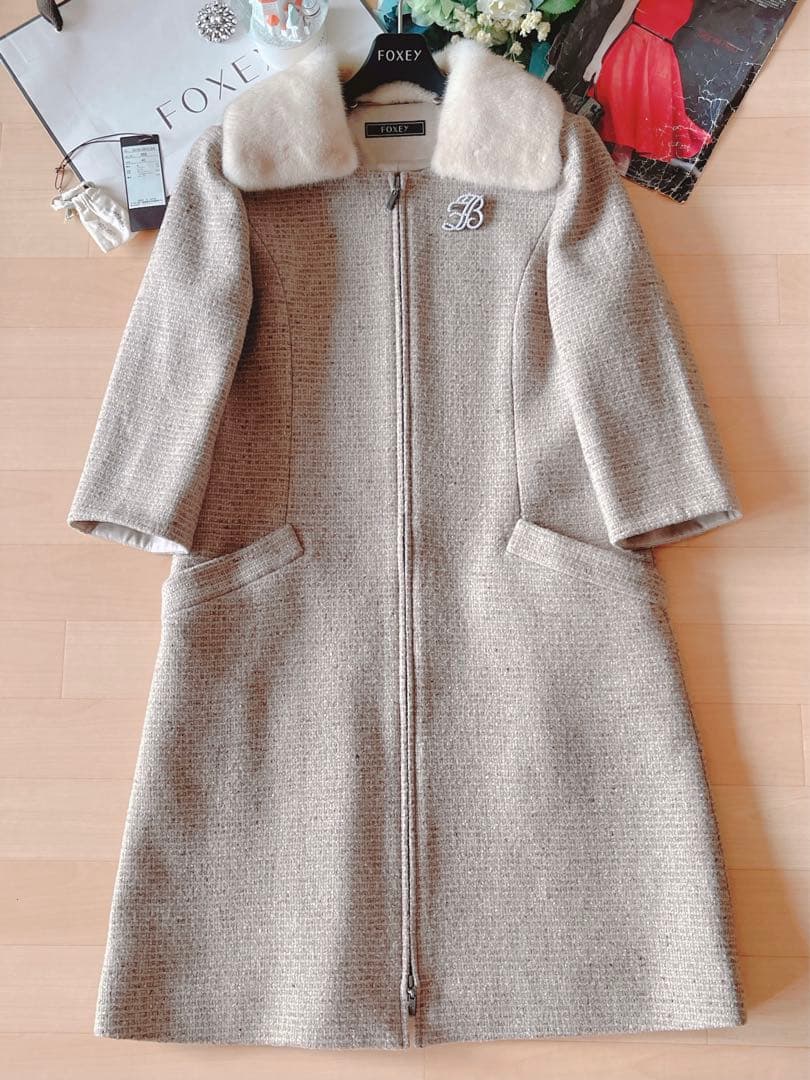 新品未使用！FOXEYミンク襟ツイードロングコート 40 Rene foxey