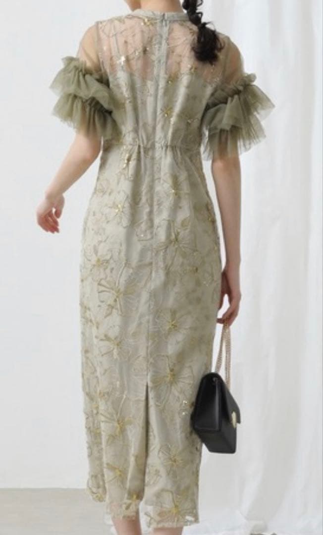 チュールフリルスリーブ スパンコール パーティー ドレス 結婚式 お呼ばれ