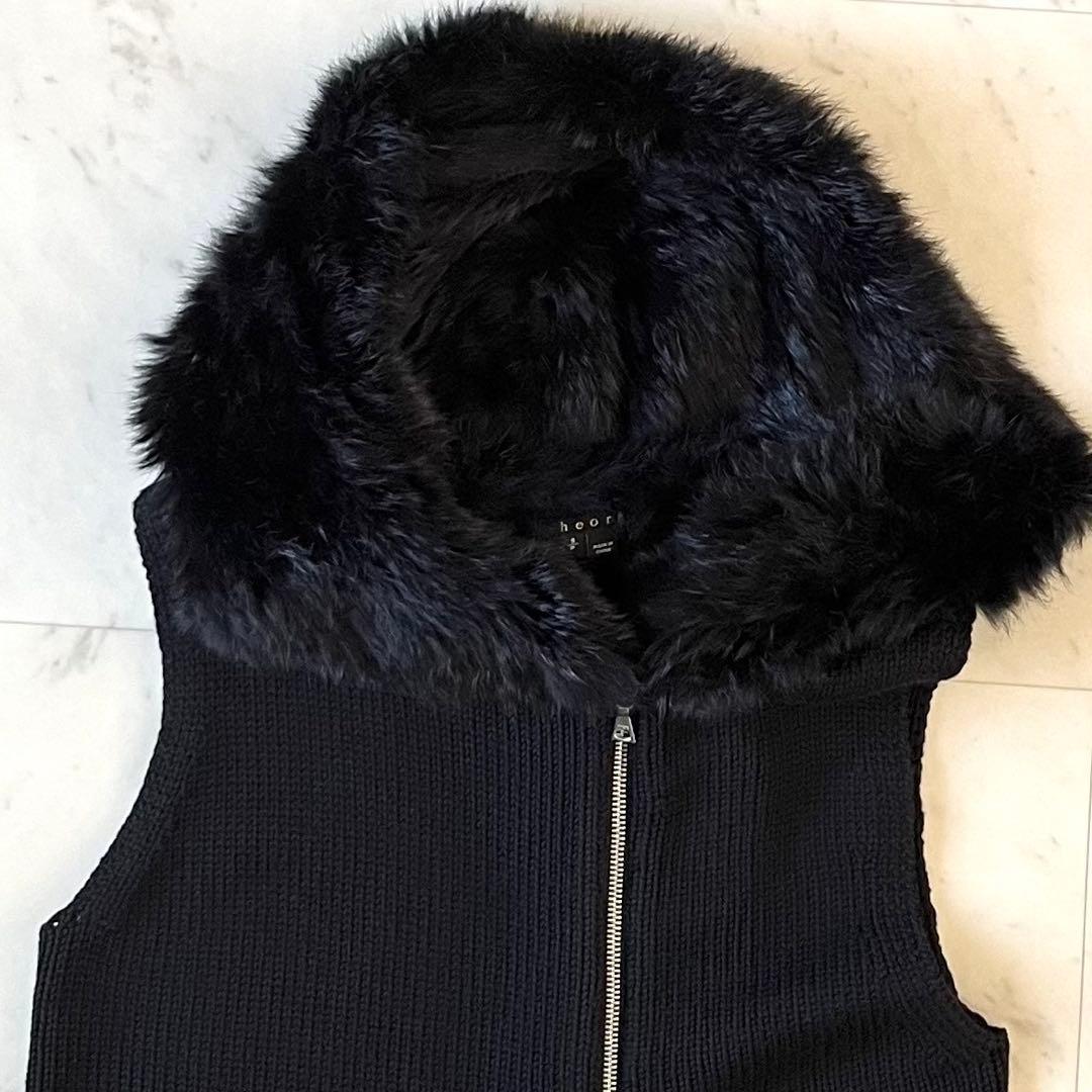 美品♪セオリー ウールリブニットベスト S ブラック黒 ラビットファーフード