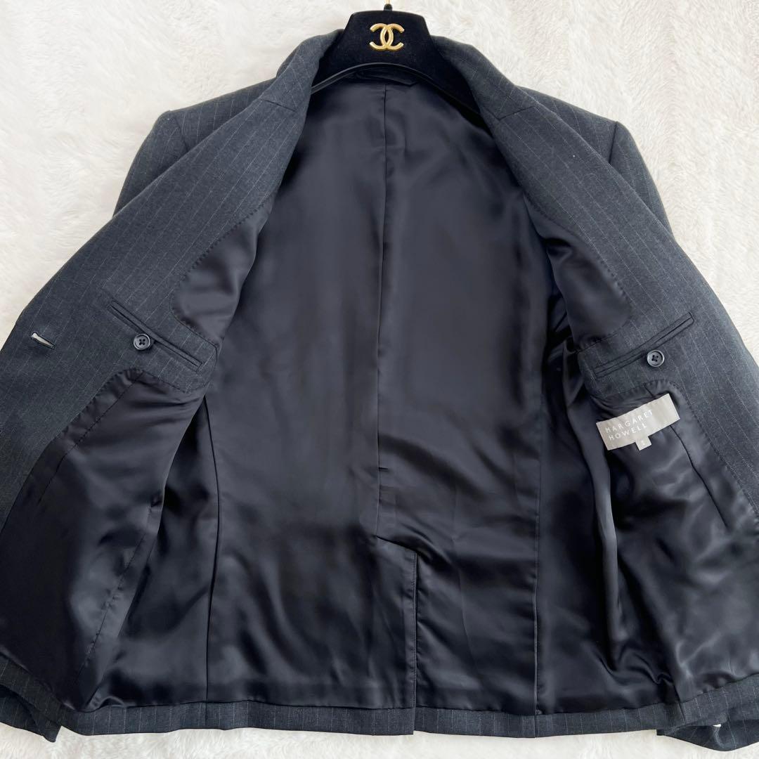 【マーガレットハウエル】ウールスカートスーツセットアップ☆ストライプ☆グレー☆M