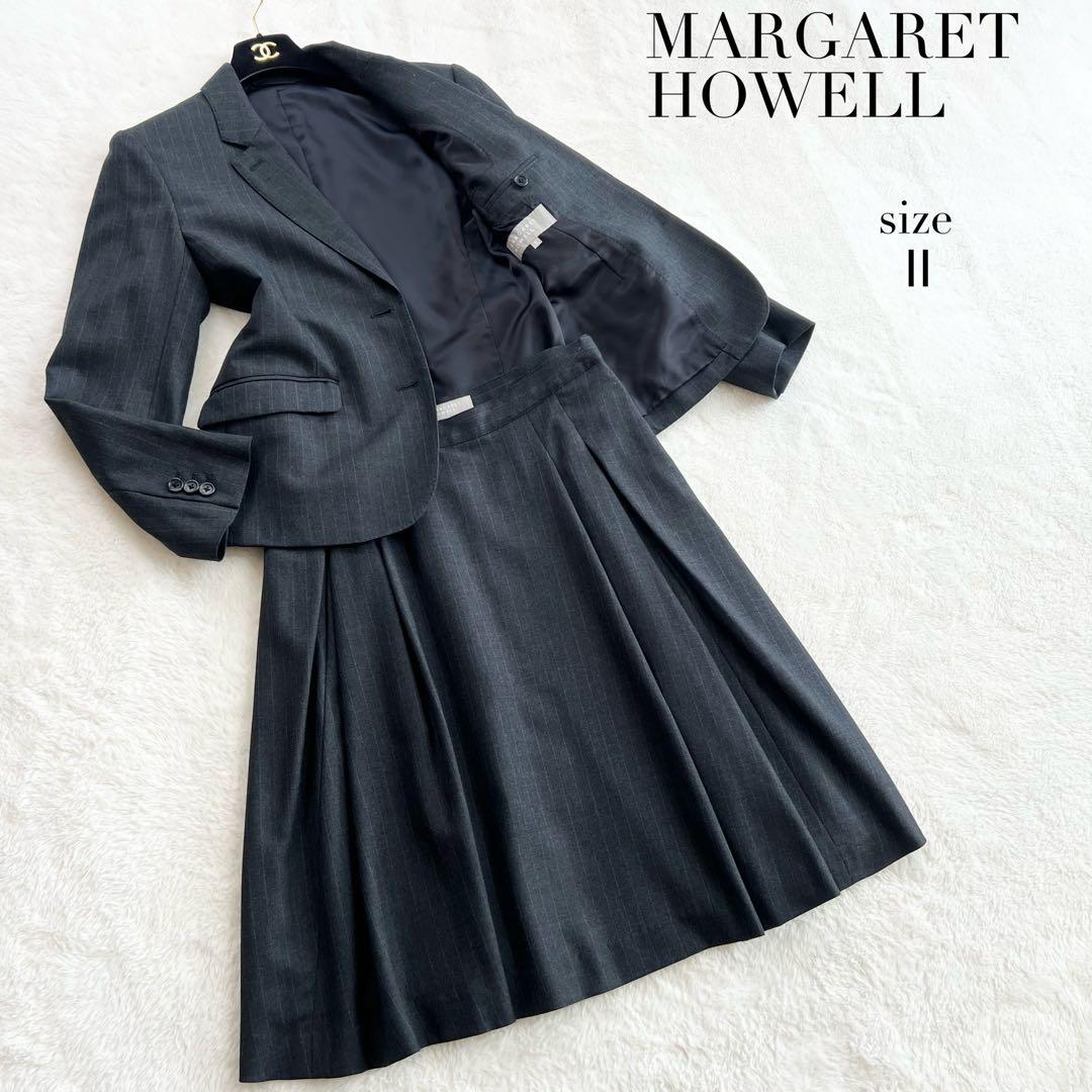 【マーガレットハウエル】ウールスカートスーツセットアップ☆ストライプ☆グレー☆M
