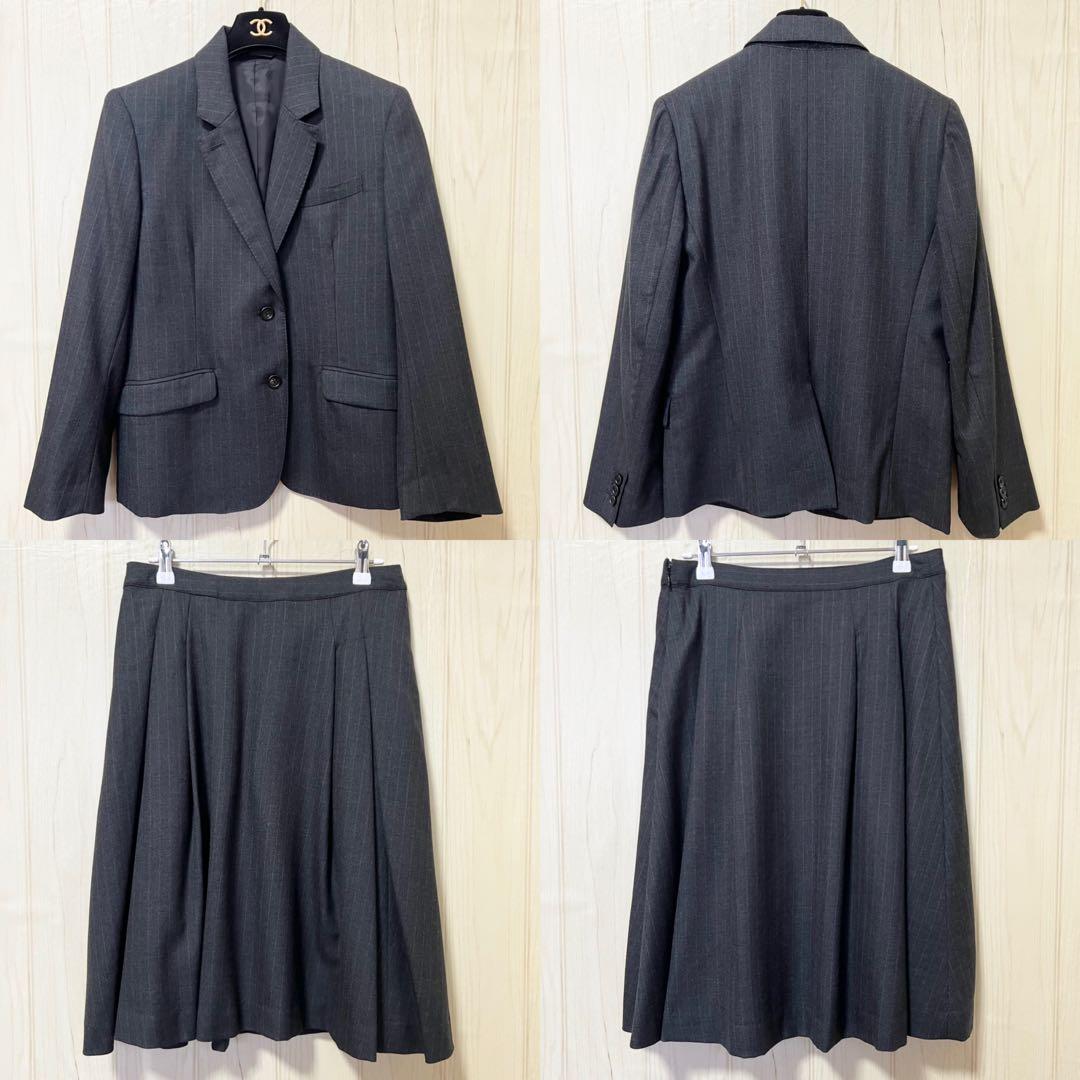 【マーガレットハウエル】ウールスカートスーツセットアップ☆ストライプ☆グレー☆M