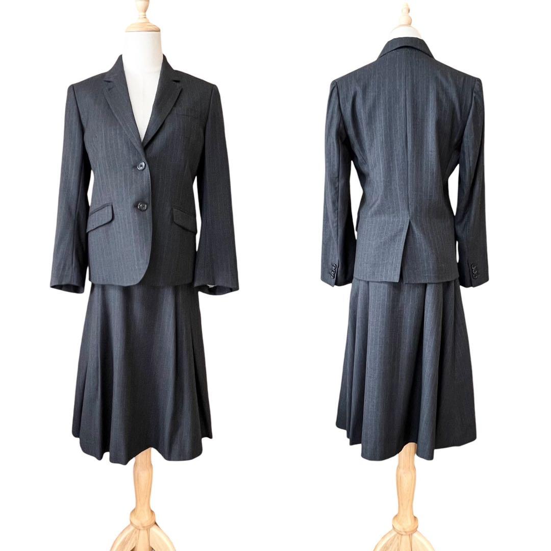 【マーガレットハウエル】ウールスカートスーツセットアップ☆ストライプ☆グレー☆M