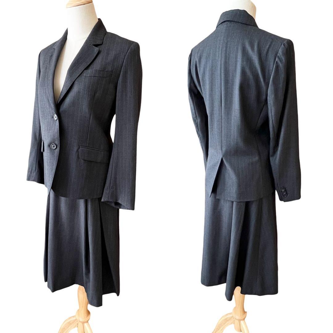 【マーガレットハウエル】ウールスカートスーツセットアップ☆ストライプ☆グレー☆M