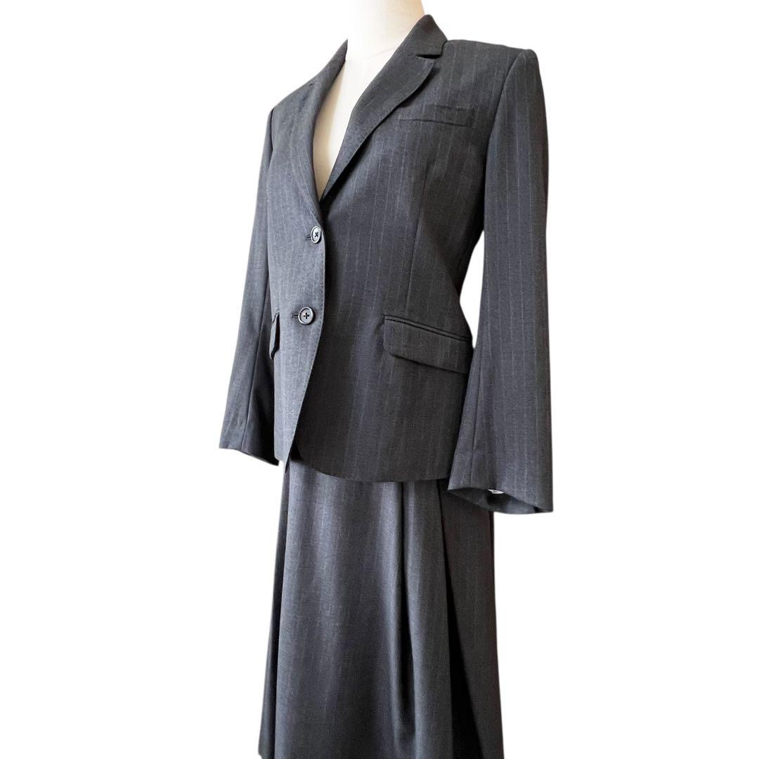 【マーガレットハウエル】ウールスカートスーツセットアップ☆ストライプ☆グレー☆M