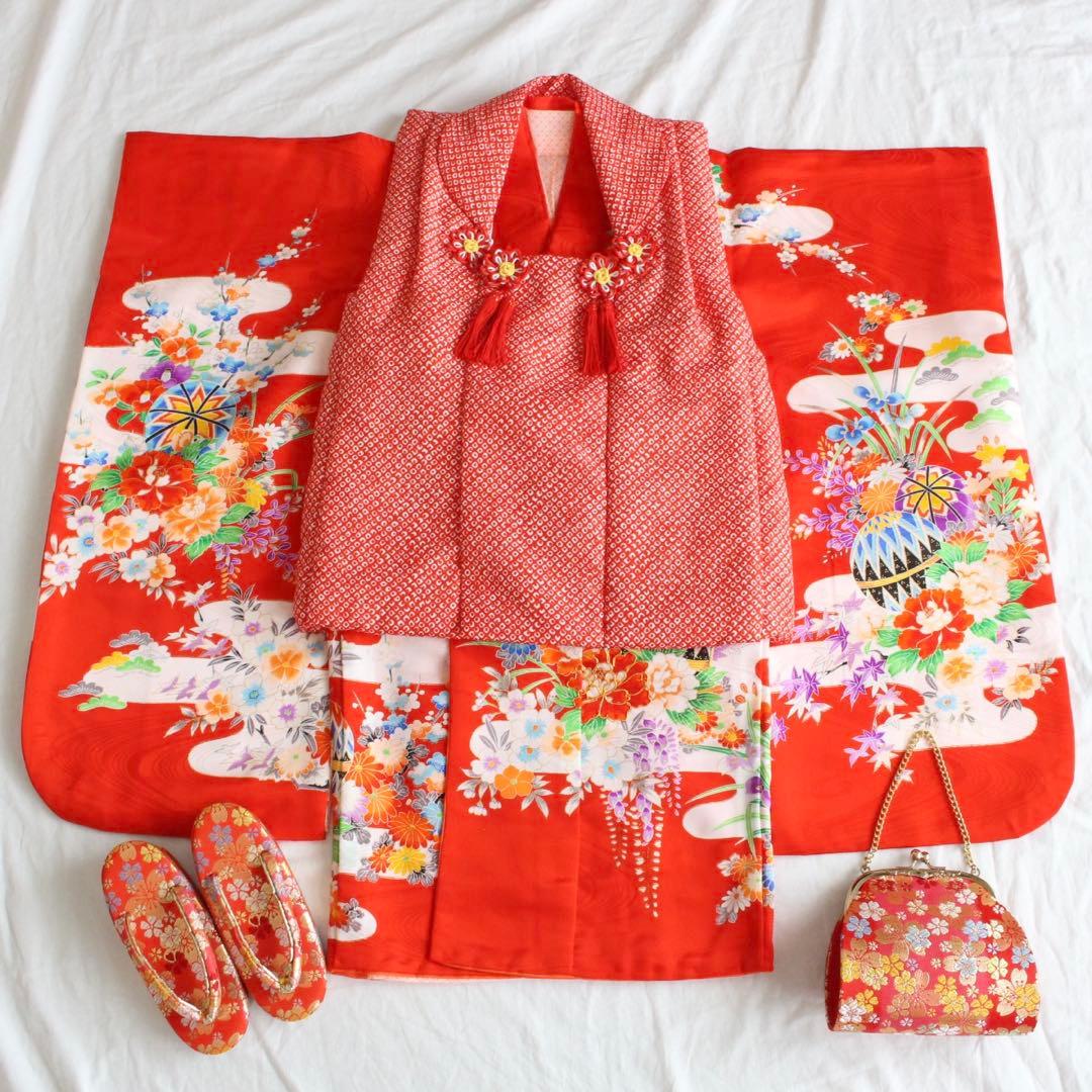 七五三 3歳 女の子 子供 赤 着物 被布 セット