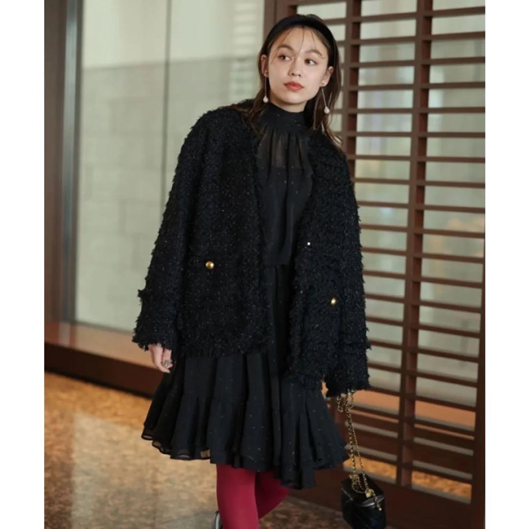 新品タグ付♪ Arpege story 中綿入りツイードジャコット ブラック 黒