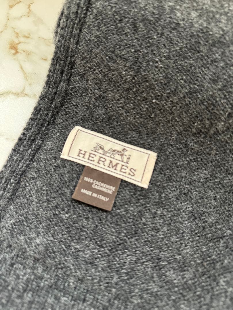 HERMES グレー ケーブル編み マフラー　カシミア100% 箱付き