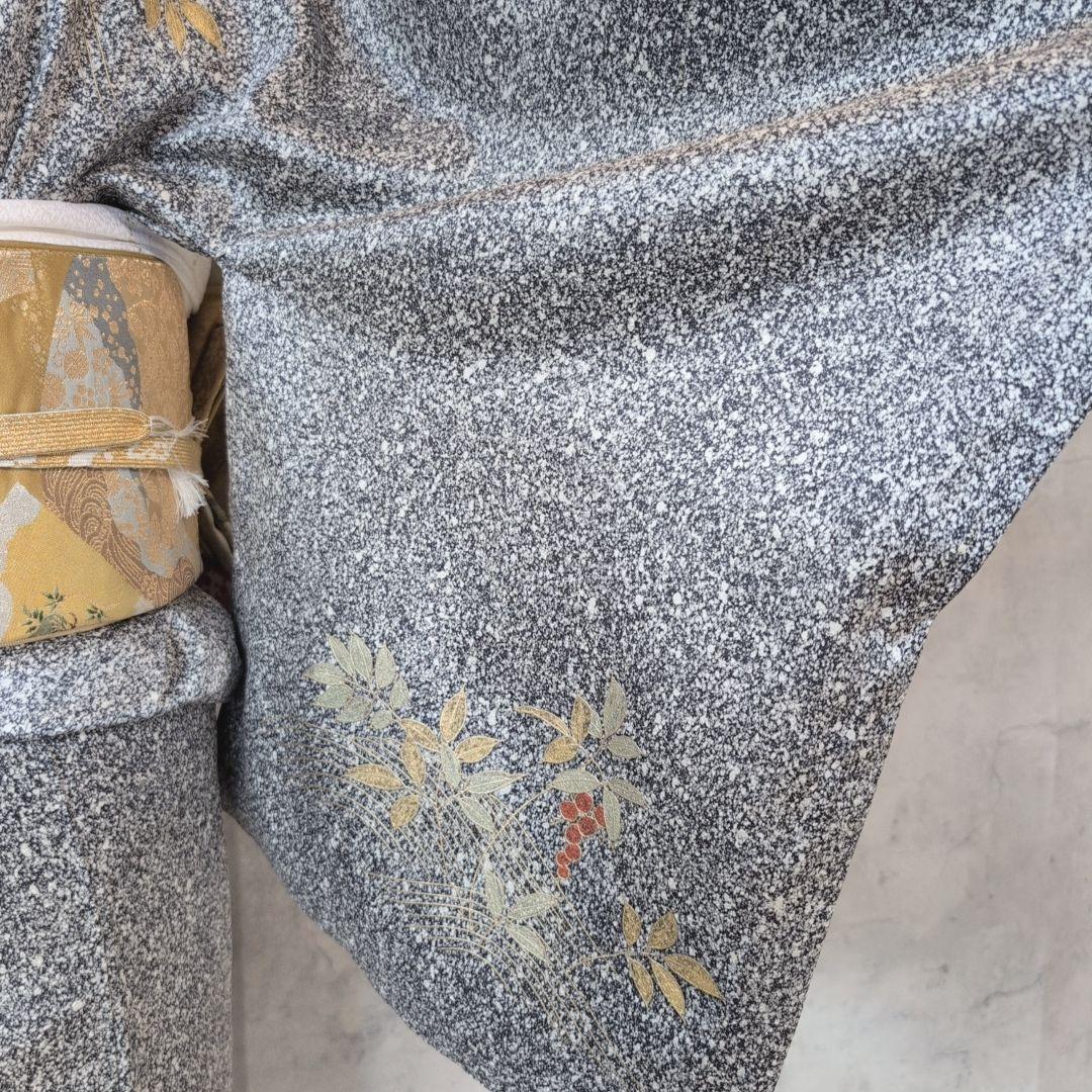 訪問着　フルセット　着物　正絹　たたき染め　金　刺繍　実　白黒　F4