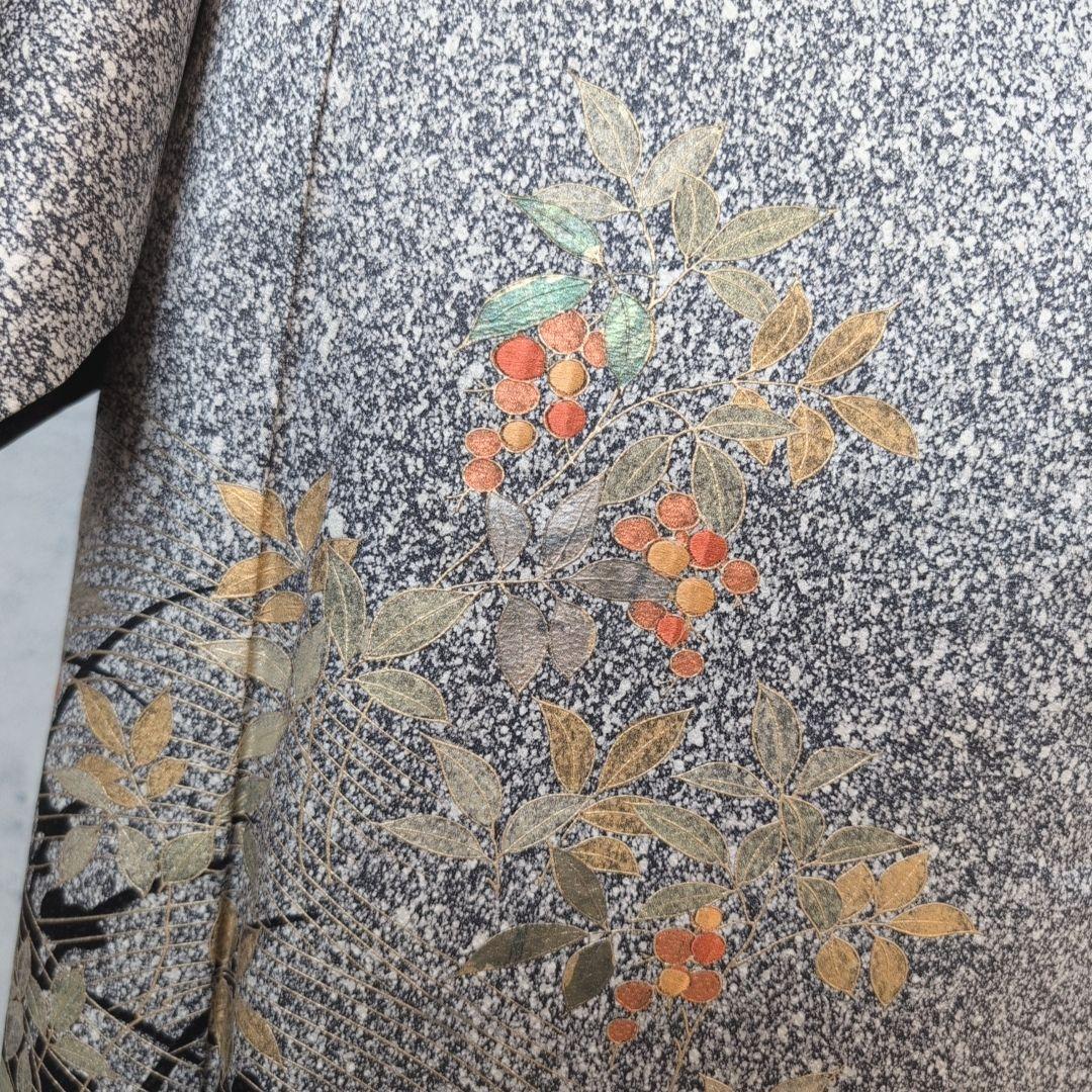訪問着　フルセット　着物　正絹　たたき染め　金　刺繍　実　白黒　F4