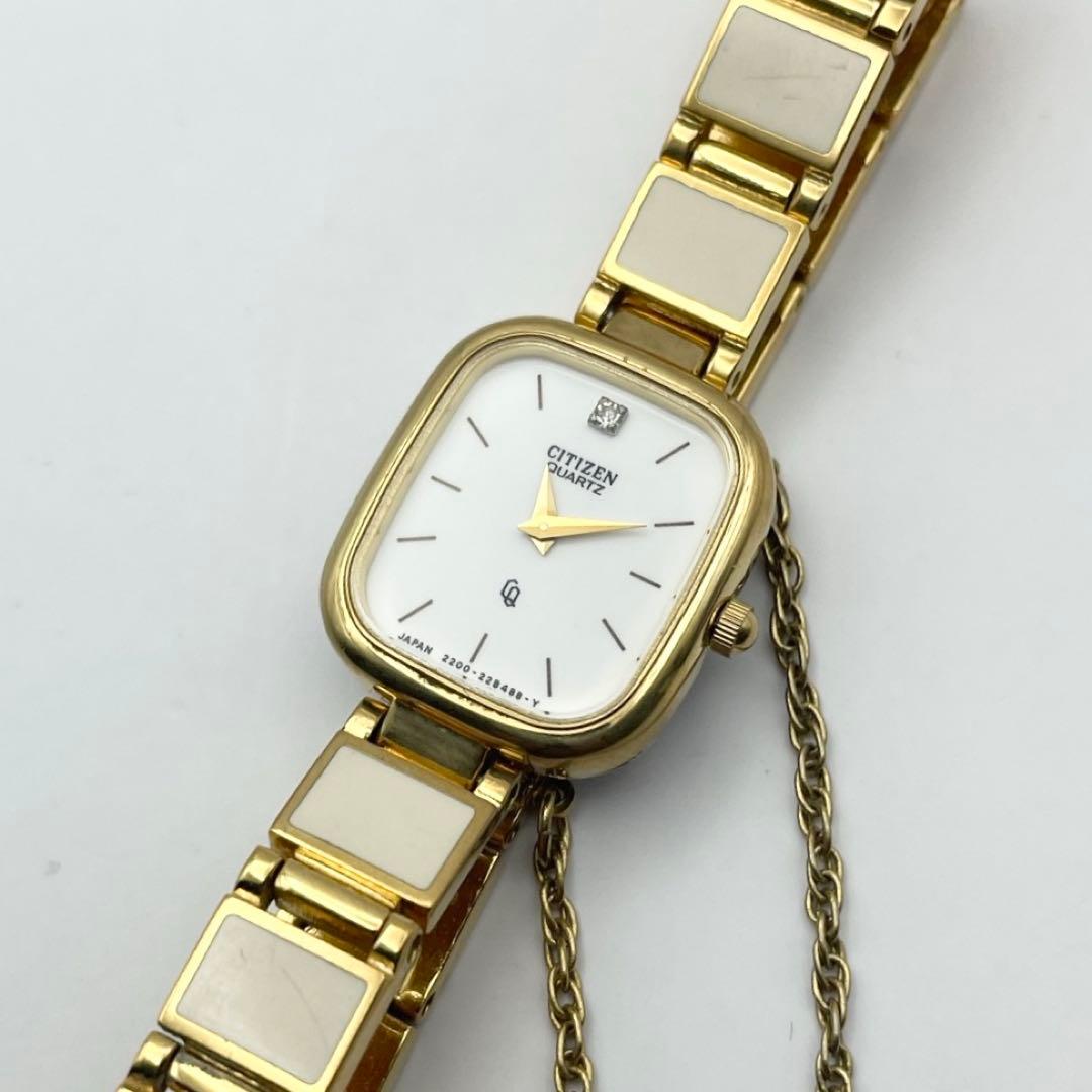 シチズン 1Pダイヤ レディース腕時計 クォーツ ゴールド スクエア 稼働品