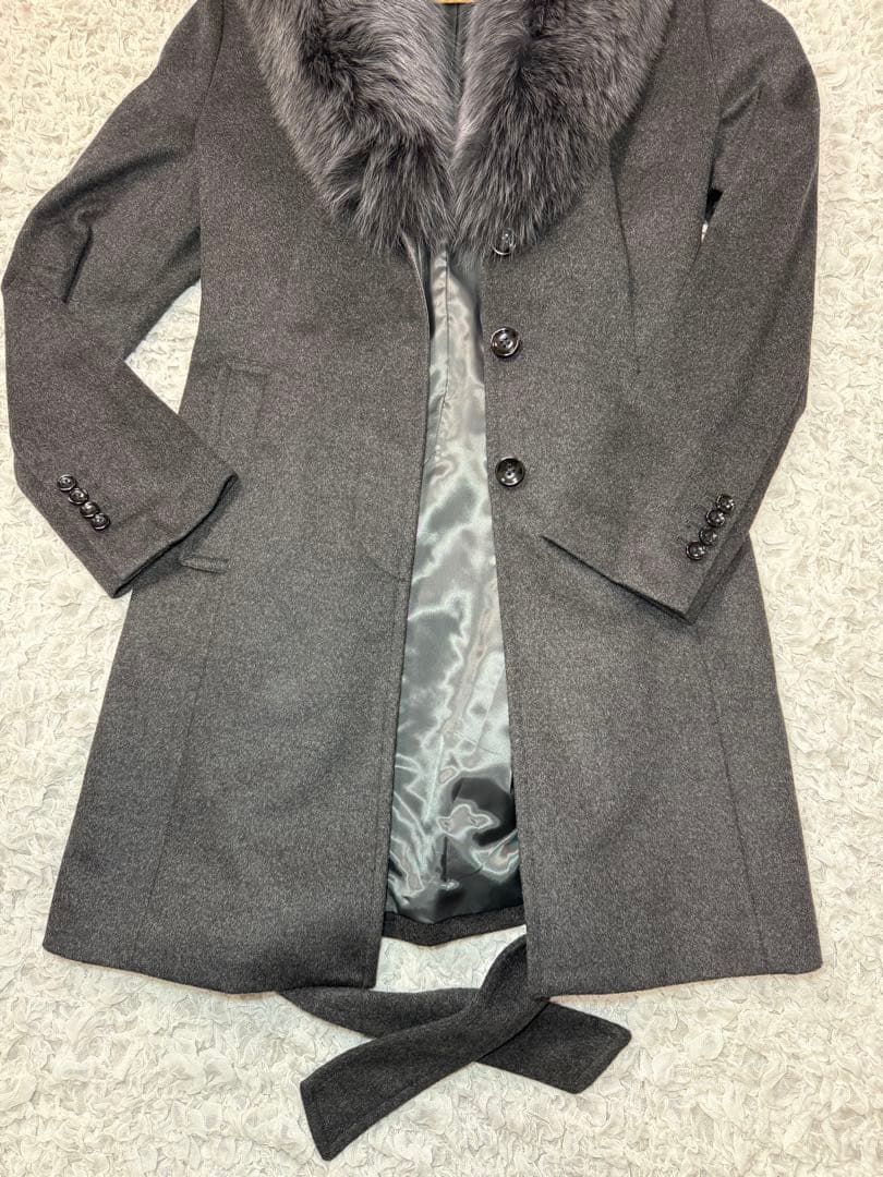 高級✨カシミヤ100% ファー付 ブラック ロングコート 大きめサイズ XL