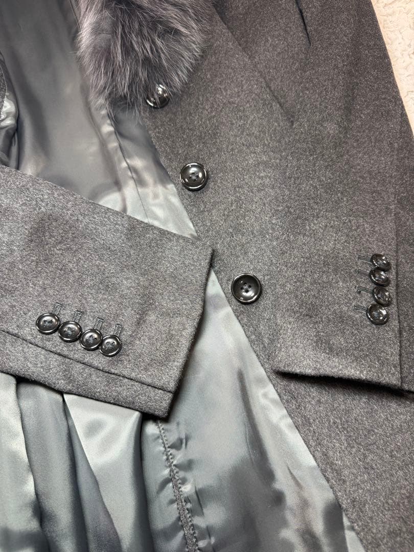 高級✨カシミヤ100% ファー付 ブラック ロングコート 大きめサイズ XL