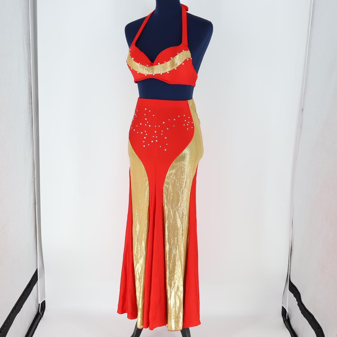 【ベリーダンス用 オリエンタル衣装】レッド×ゴールド ストーンラメ タイト 赤