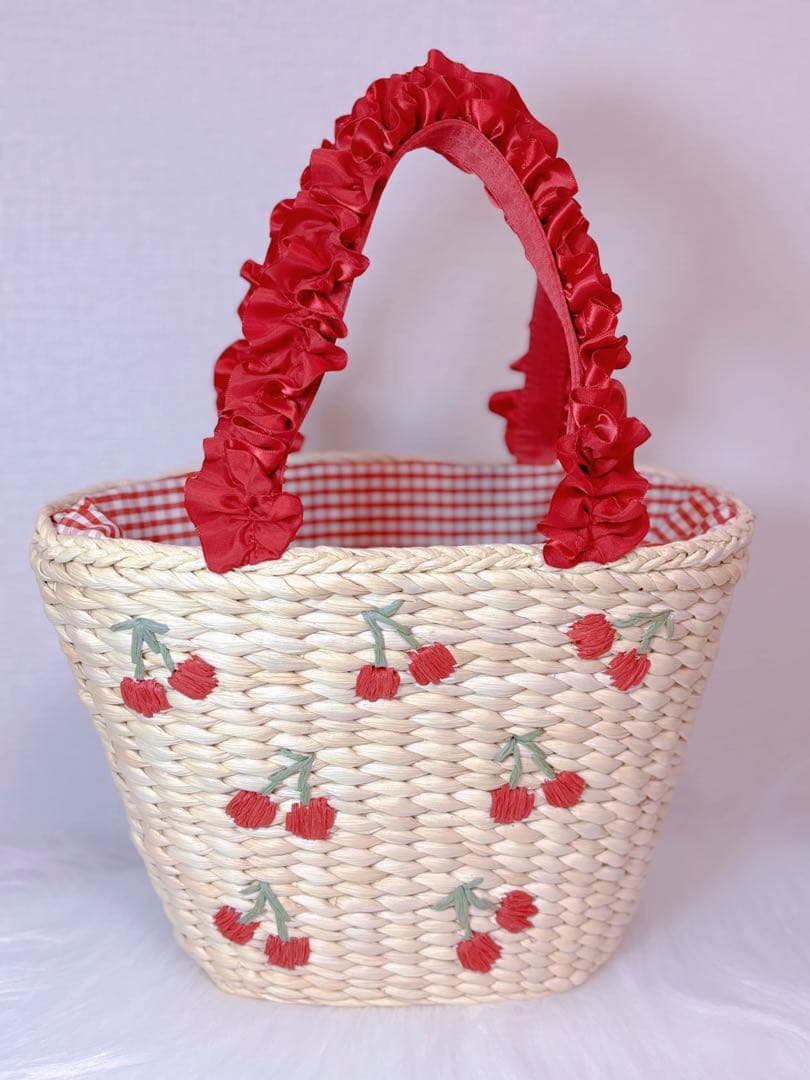 Maison de FLEUR チェリーメイズフリルハンドルカゴバッグ　レッド