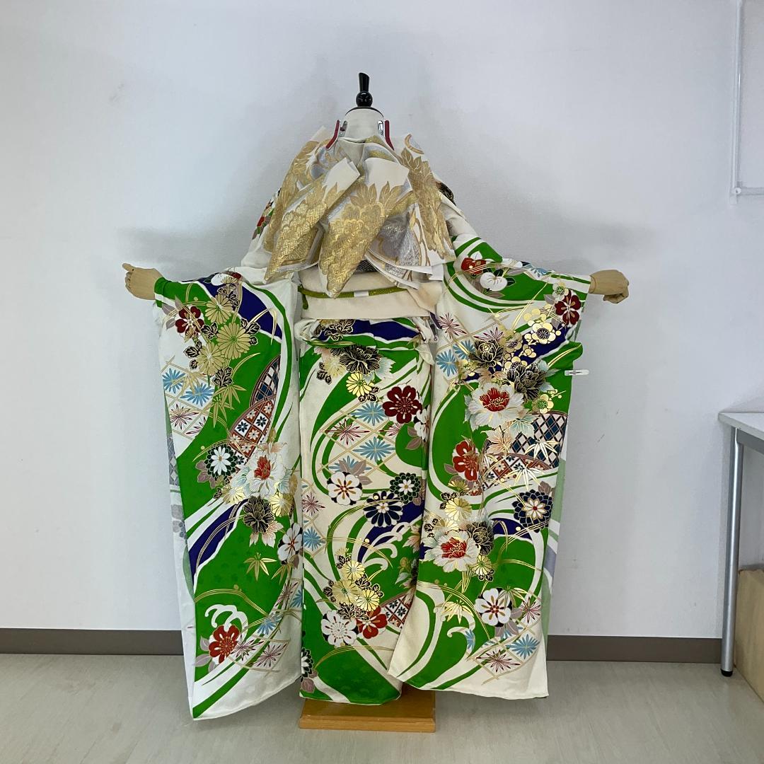 正絹お振袖10点フルセット　緑×白　新品未仕立て品　お仕立て付き