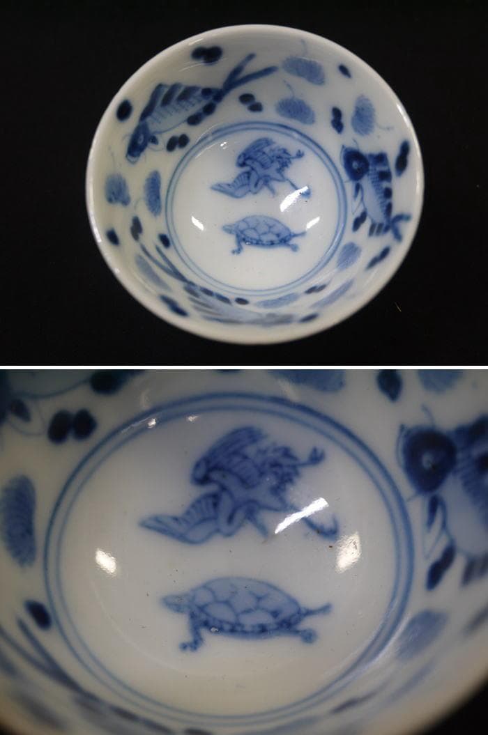 煎茶茶碗６客　魚文　水玉に藻　見込鶴亀　状態良好美品