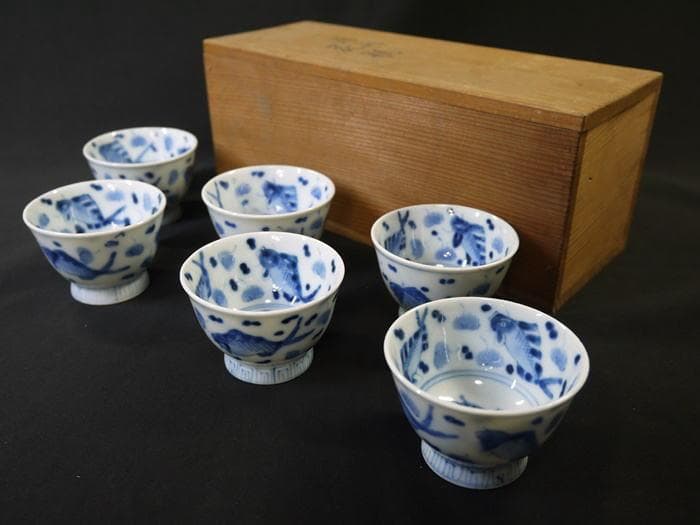 煎茶茶碗６客　魚文　水玉に藻　見込鶴亀　状態良好美品