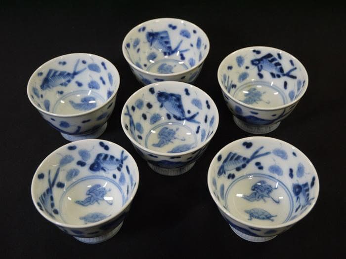 煎茶茶碗６客　魚文　水玉に藻　見込鶴亀　状態良好美品