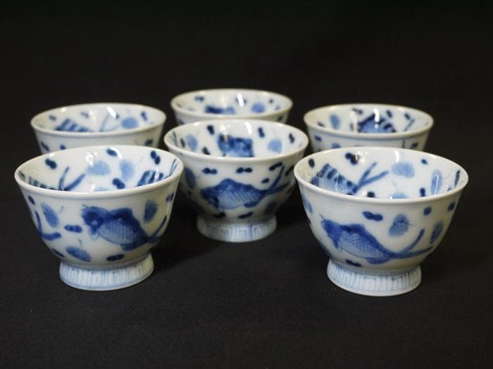 煎茶茶碗６客　魚文　水玉に藻　見込鶴亀　状態良好美品