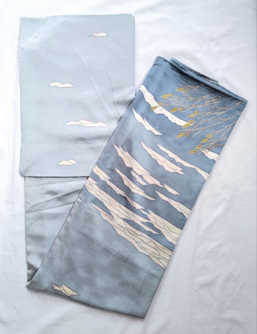 大人の着物海空柄雲水色紺色氷河青ネイビーブルー女袷着物グラデ付け下げ訪問着絵羽柄