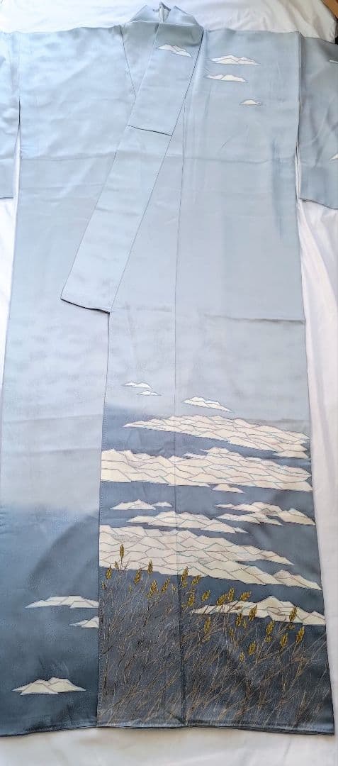 大人の着物海空柄雲水色紺色氷河青ネイビーブルー女袷着物グラデ付け下げ訪問着絵羽柄
