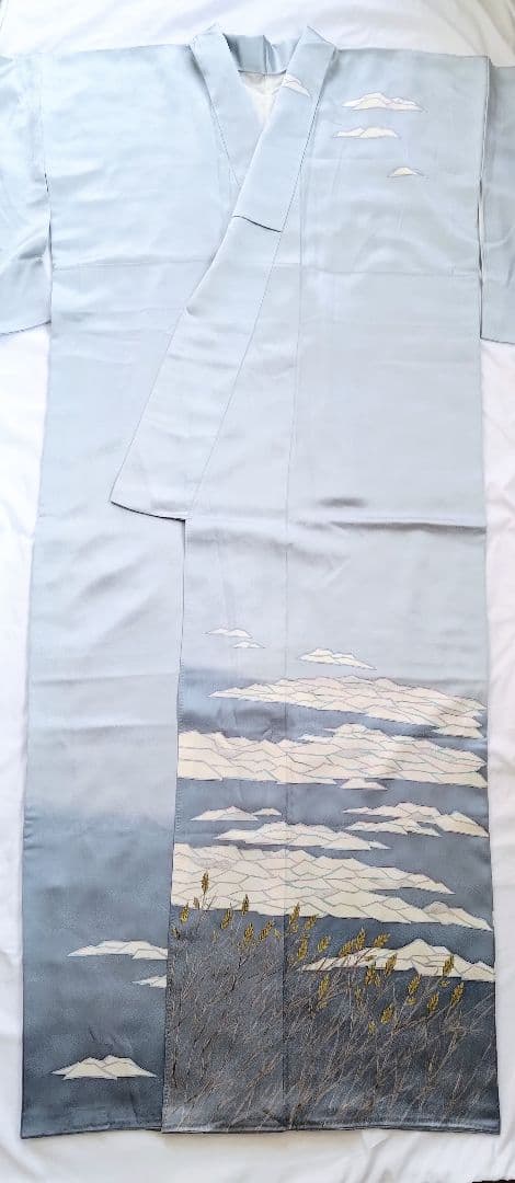 大人の着物海空柄雲水色紺色氷河青ネイビーブルー女袷着物グラデ付け下げ訪問着絵羽柄