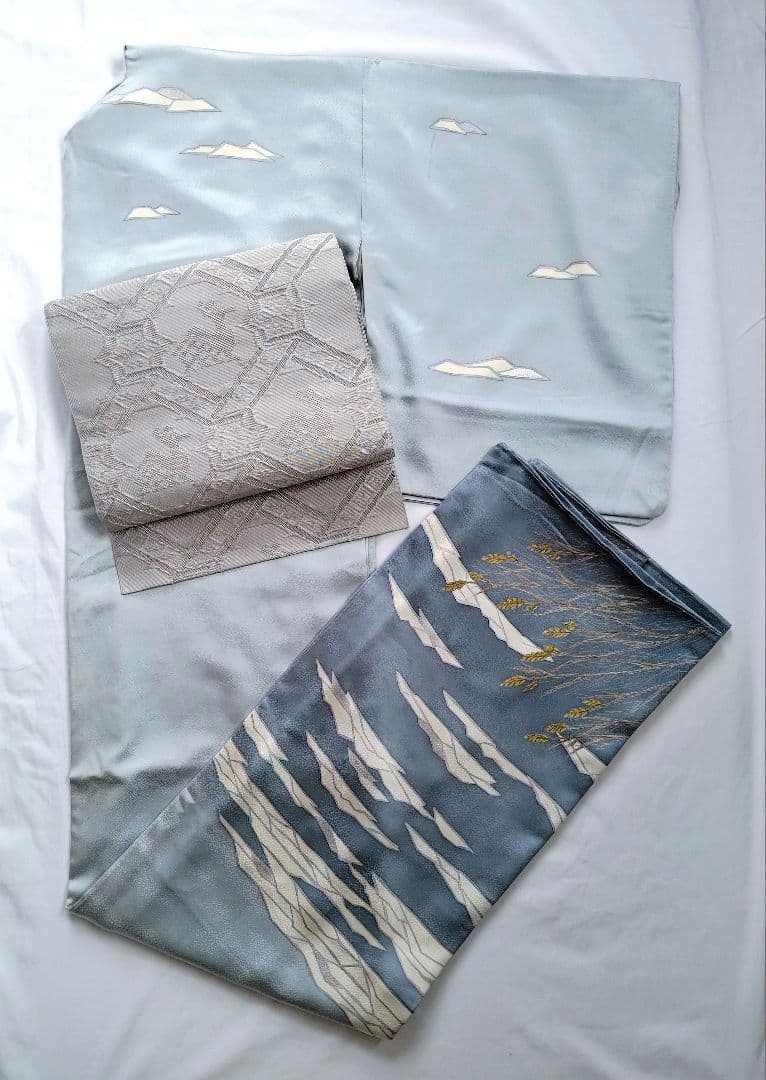 大人の着物海空柄雲水色紺色氷河青ネイビーブルー女袷着物グラデ付け下げ訪問着絵羽柄