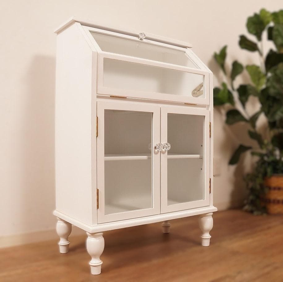 【新品】クラシカル　ガラスキャビネット　アンティークホワイト　収納 チェスト