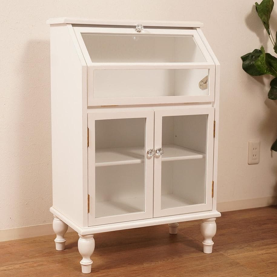 【新品】クラシカル　ガラスキャビネット　アンティークホワイト　収納 チェスト