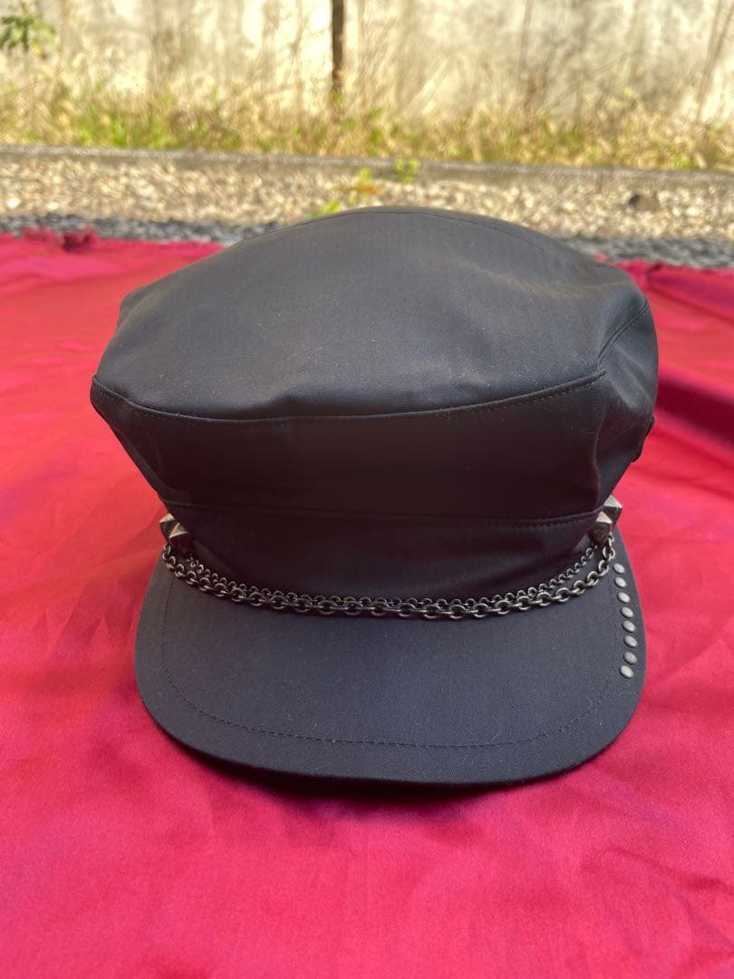 ROENキャスケットスカルレザーパッチスタッズチェーンロエン