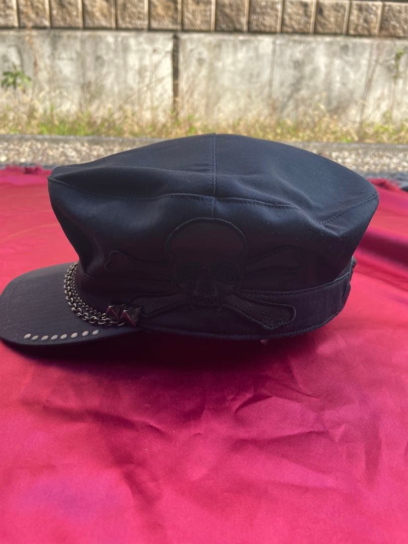 ROENキャスケットスカルレザーパッチスタッズチェーンロエン