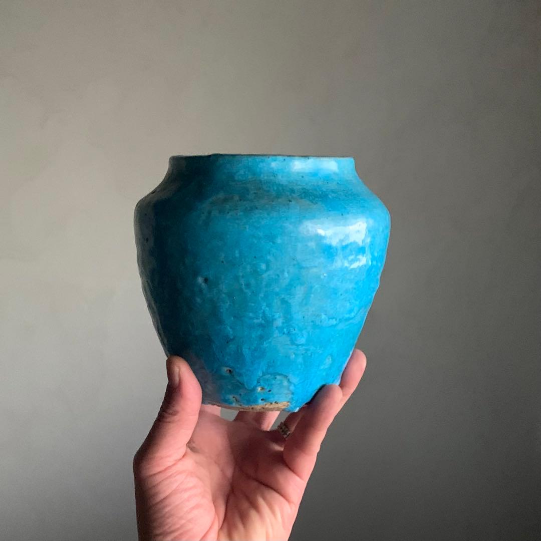 鮮やかな ターコイズブルー 壺 古道具 アンティーク 花器