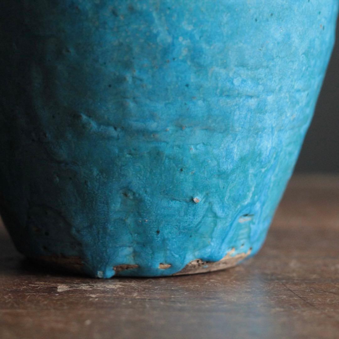 鮮やかな ターコイズブルー 壺 古道具 アンティーク 花器