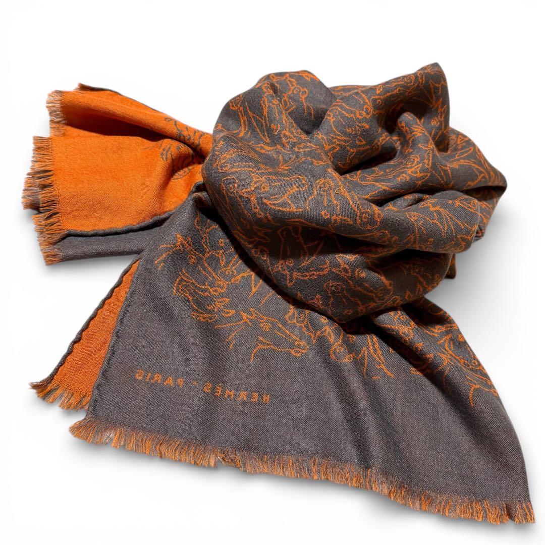 エルメス HERMES ストール　馬柄　リバーシブル　カシミヤ　シルク