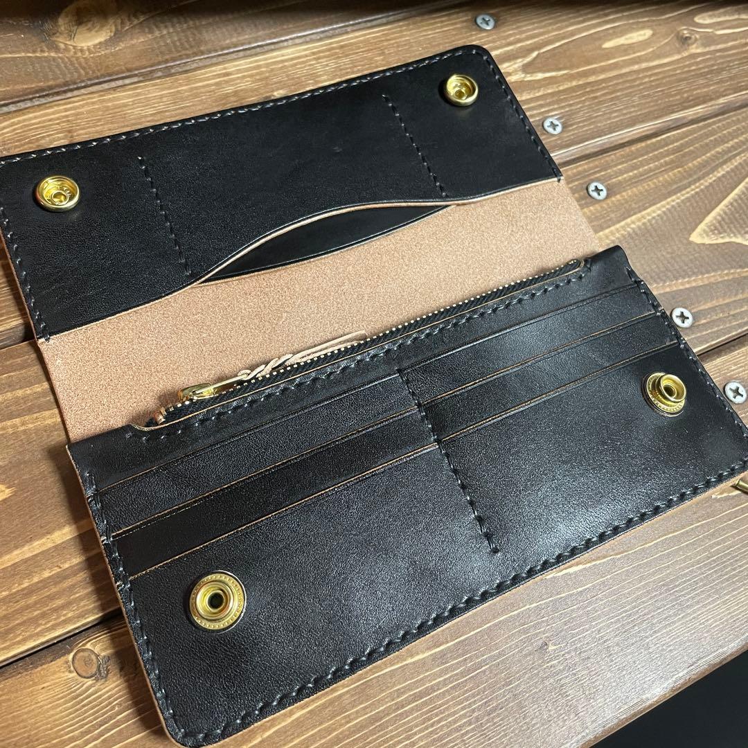 ロング トラッカーウォレット　栃木レザー　ヌメ革　丘染めブラック