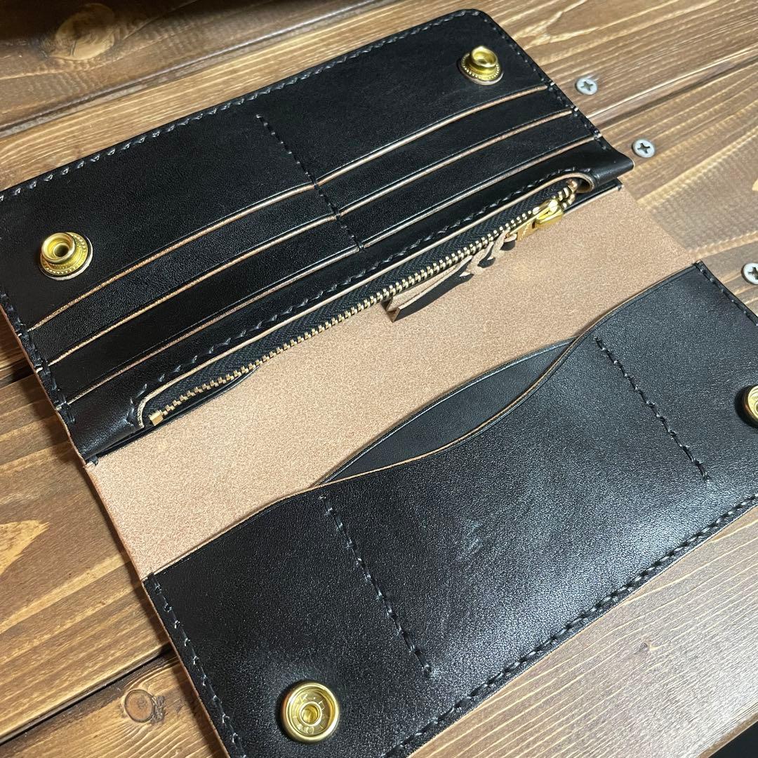 ロング トラッカーウォレット　栃木レザー　ヌメ革　丘染めブラック