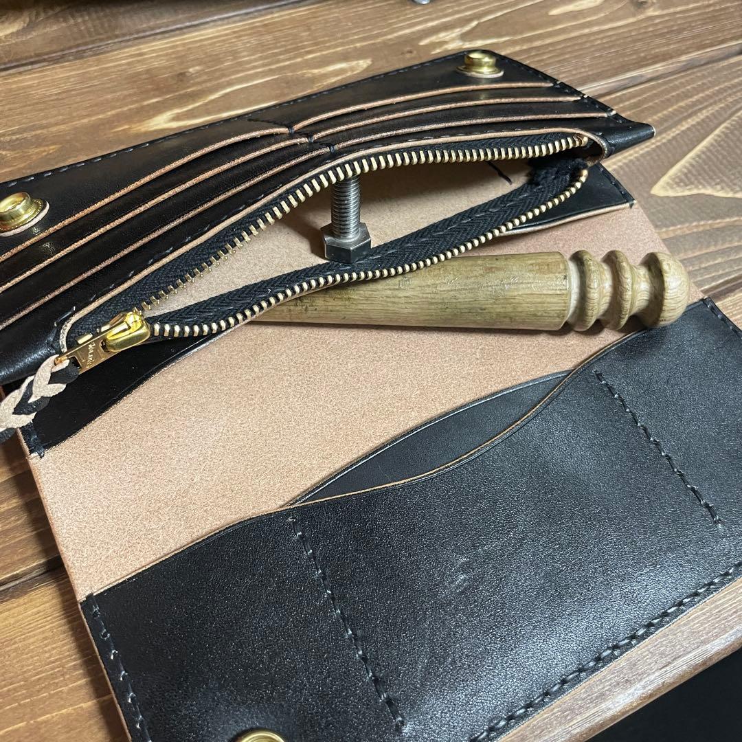 ロング トラッカーウォレット　栃木レザー　ヌメ革　丘染めブラック