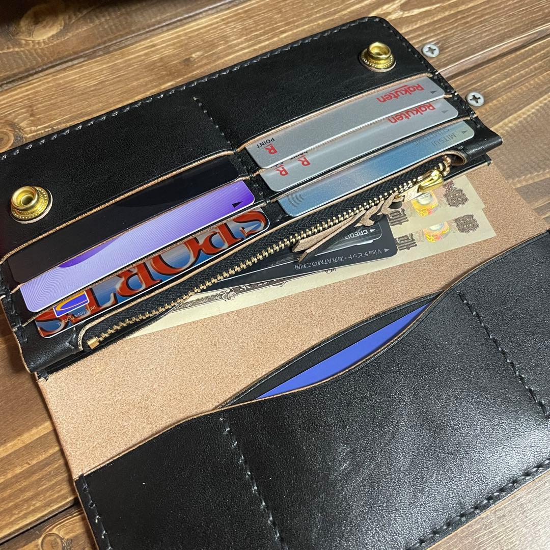 ロング トラッカーウォレット　栃木レザー　ヌメ革　丘染めブラック