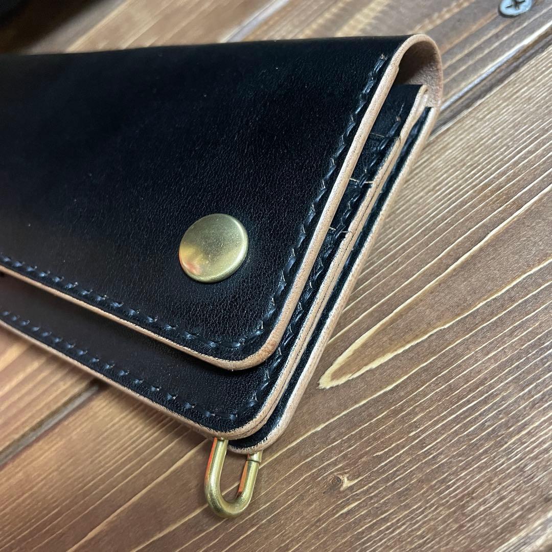 ロング トラッカーウォレット　栃木レザー　ヌメ革　丘染めブラック