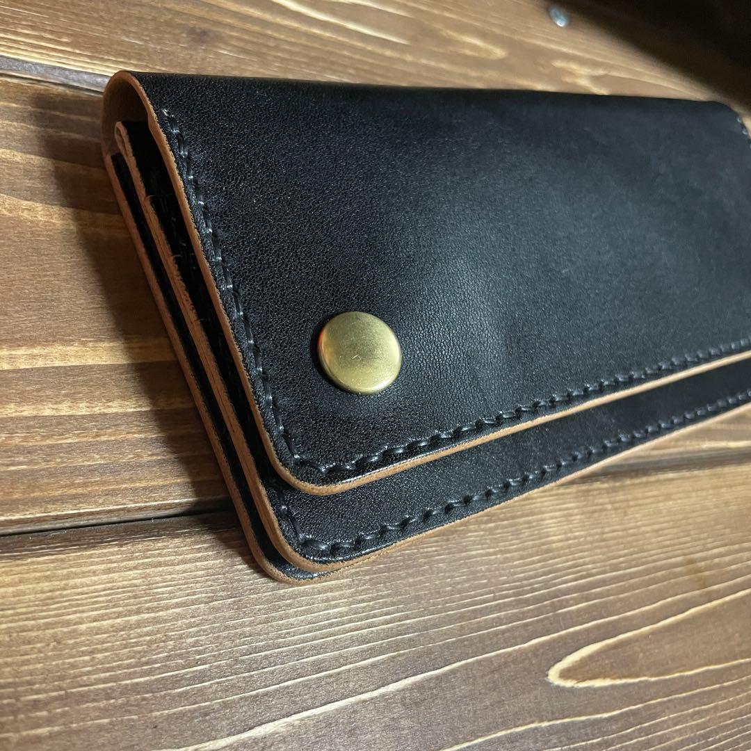 ロング トラッカーウォレット　栃木レザー　ヌメ革　丘染めブラック