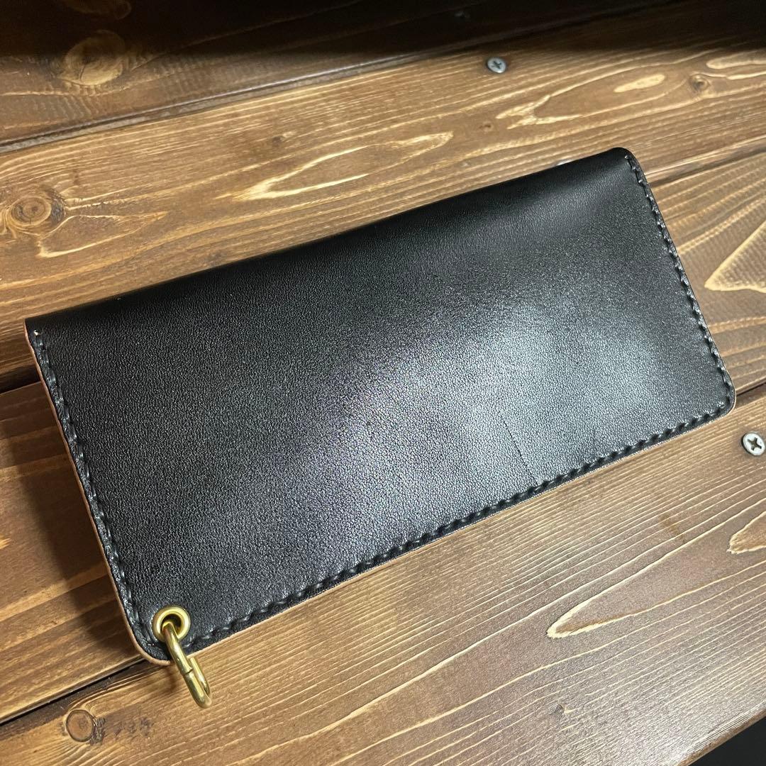 ロング トラッカーウォレット　栃木レザー　ヌメ革　丘染めブラック