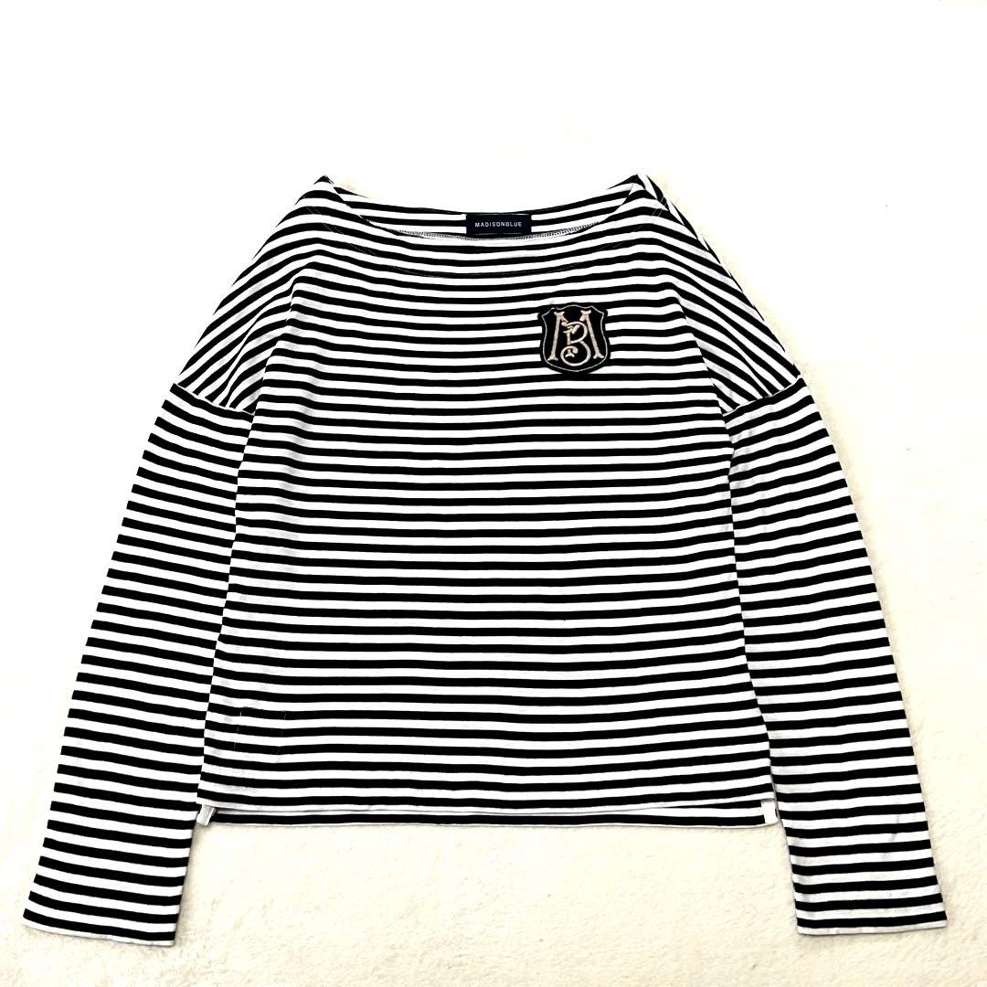 エリコ マディソンブルー ロングスリーブボーダーカットソー ロゴワッペン