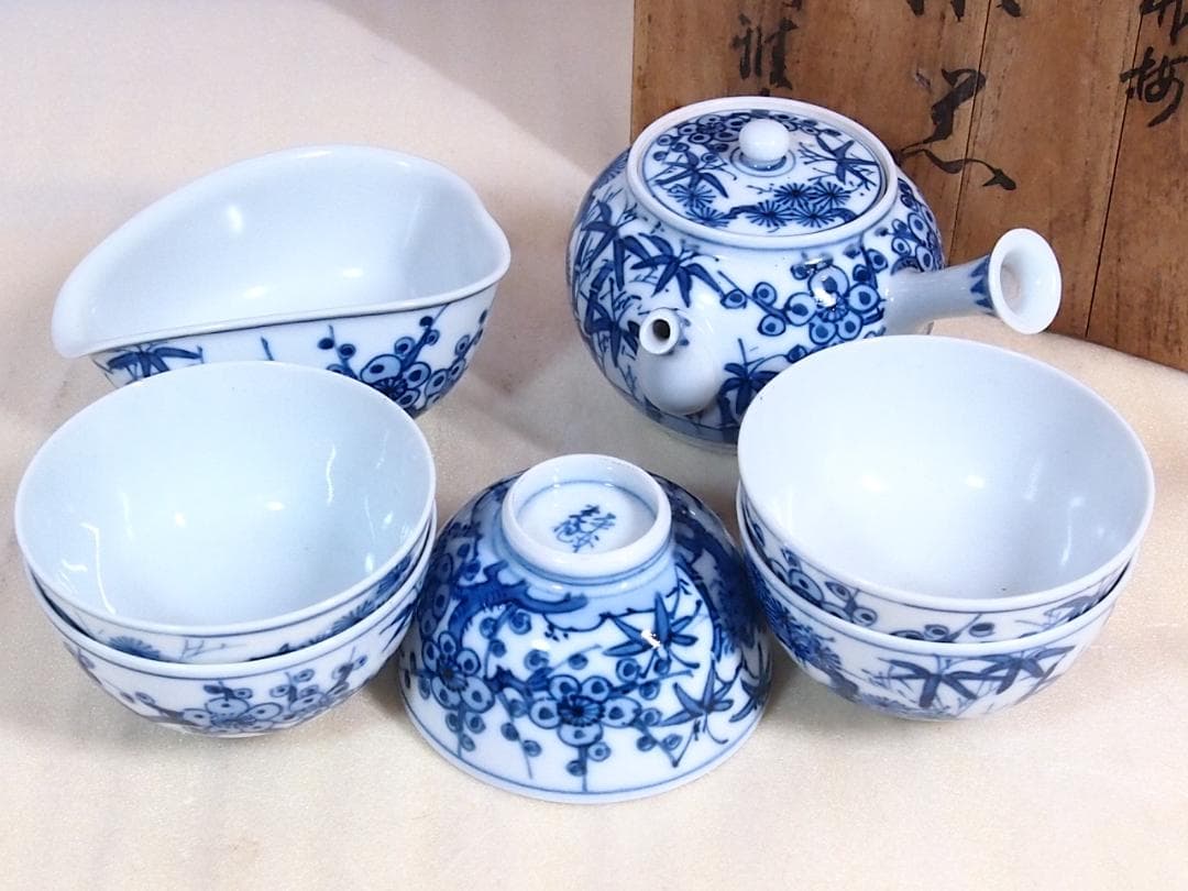 【未使用】京焼/清水焼 平安光抱 青葉松竹梅 茶器揃5客 陶雅堂 湯吞茶碗/急須