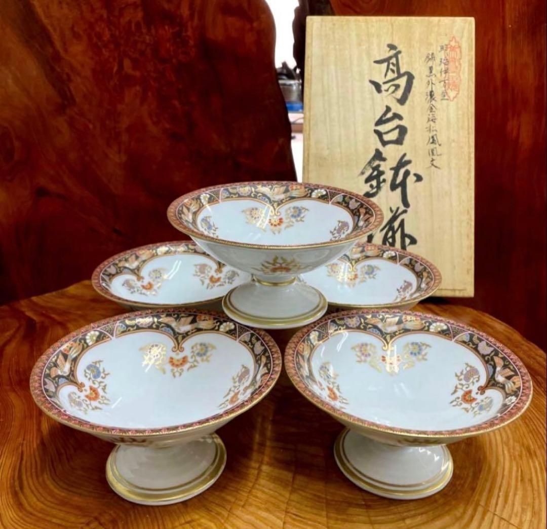 tashisan^_^其泉窯 錦黒外濃金海松鳳凰文 明治伊万里 高台皿