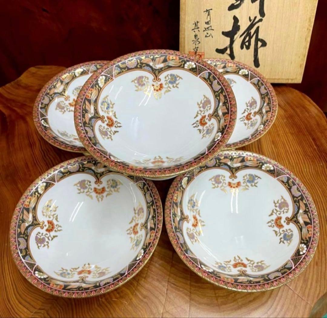 tashisan^_^其泉窯 錦黒外濃金海松鳳凰文 明治伊万里 高台皿